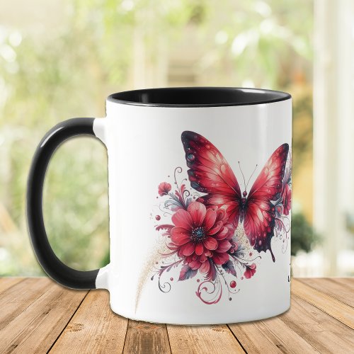 Beautiful Red Fantasy Floral Butterfly Mug