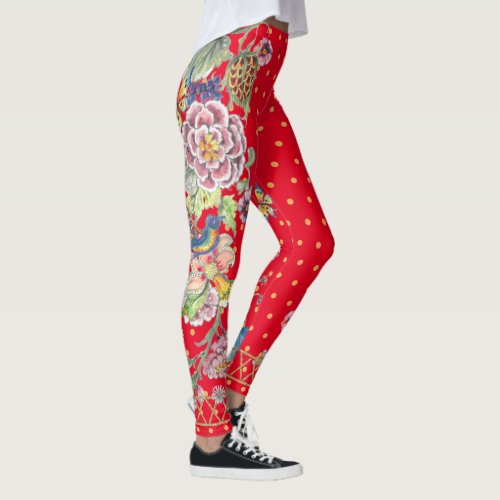 Beautiful Red Floral Butterfly Chinoiserie Mix Leggings