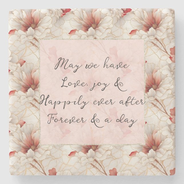 Beautiful Red Floral Romantic Wedding Stone Coaster (Front)