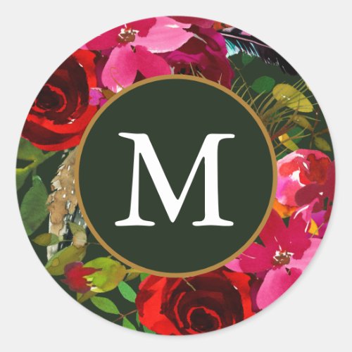 Beautiful Red Floral with Monogram Green Christmas Classic Round Sticker