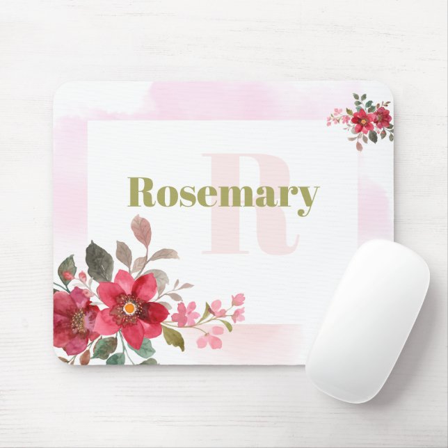 Beautiful Red Floral with Pink Border Monogram Mouse Pad (With Mouse)
