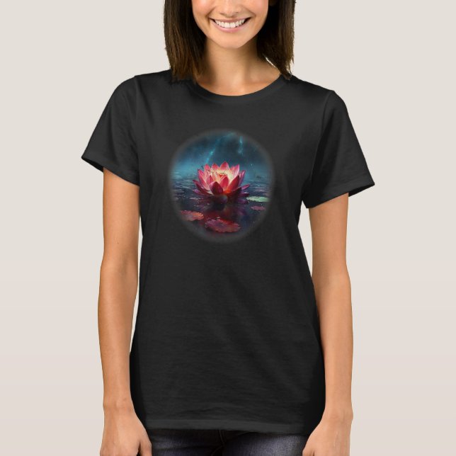 Beautiful red flower lily pads lotus and blue sky T-Shirt (Front)