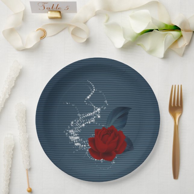 Beautiful red flower & navy leaves paper plates (Wedding)