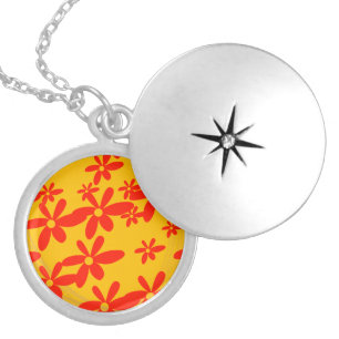 beautiful red flower with yellow background silver locket necklace
