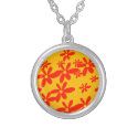 beautiful red flower with yellow background silver plated necklace