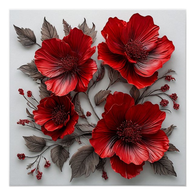 Beautiful Red Flowers and Leaves Poster (Front)