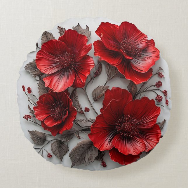 Beautiful Red Flowers and Leaves Round Pillow (Front)