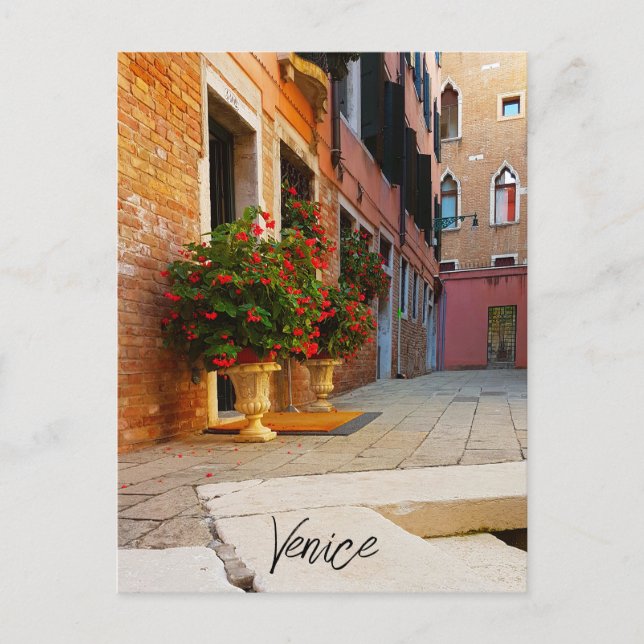 Beautiful Red Flowers Canals of Venice Italy Postcard (Front)