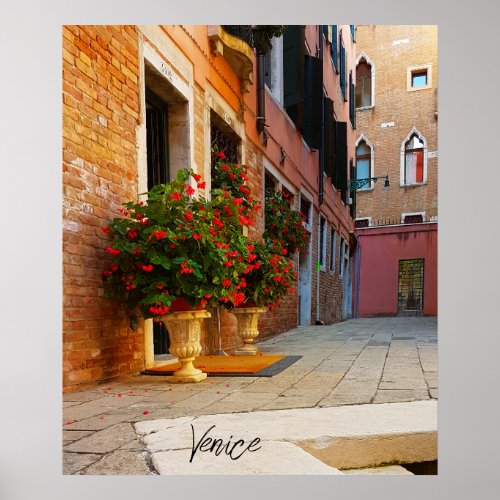 Beautiful Red Flowers Canals of Venice Italy Poster