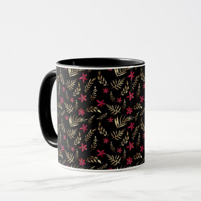 Beautiful red flowers golden shine leaves black el mug (Front Left)
