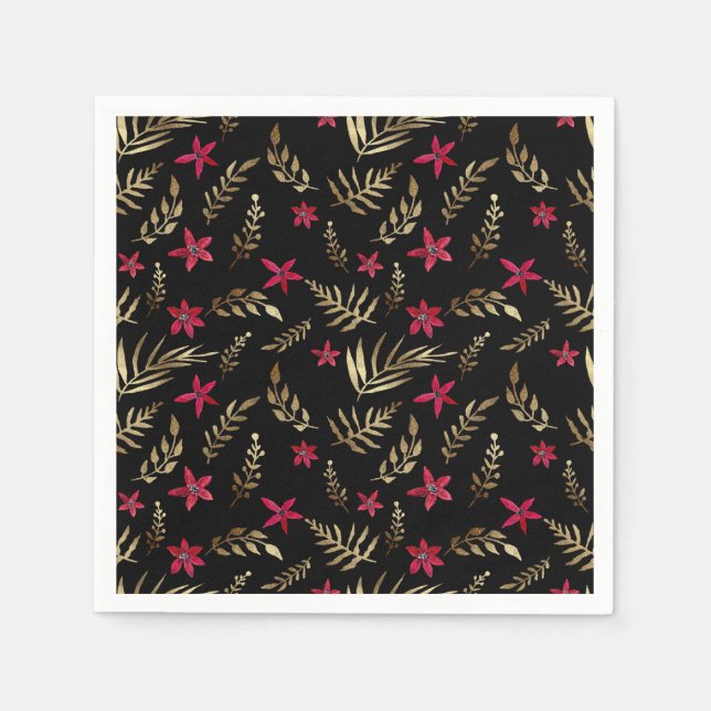 Beautiful red flowers golden shine leaves black el napkins (Front)