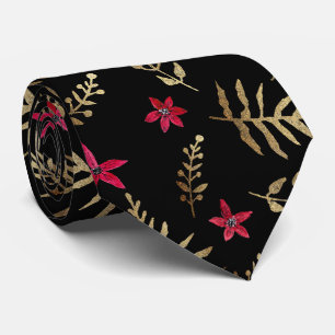 Beautiful red flowers golden shine leaves black el neck tie