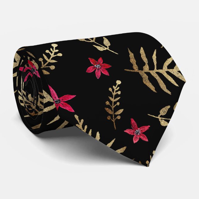 Beautiful red flowers golden shine leaves black el neck tie (Rolled)