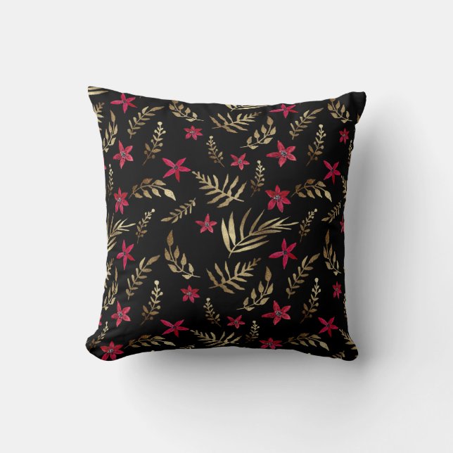 Beautiful red flowers golden shine leaves black el throw pillow (Front)