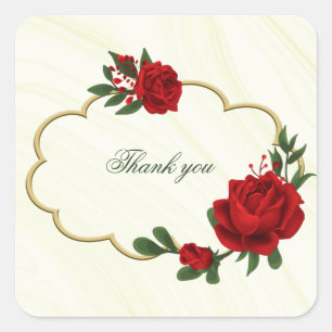 beautiful red flowers green leaves thank you square sticker