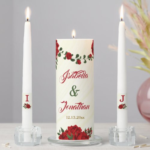 beautiful red flowers greenery wedding unity candle set