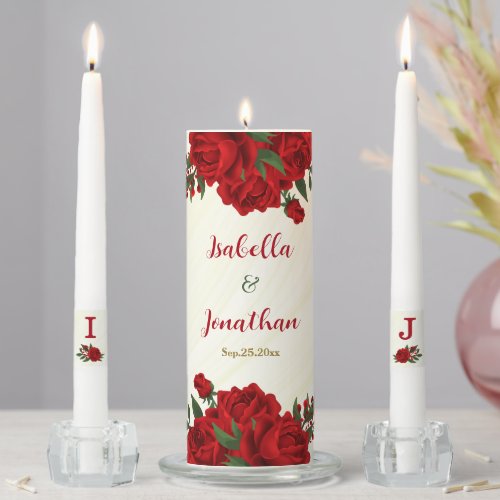 beautiful red flowers greenery wedding  unity candle set