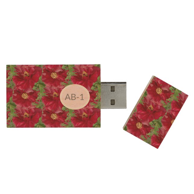 Beautiful Red Flowers  Wood Flash Drive (Opened)