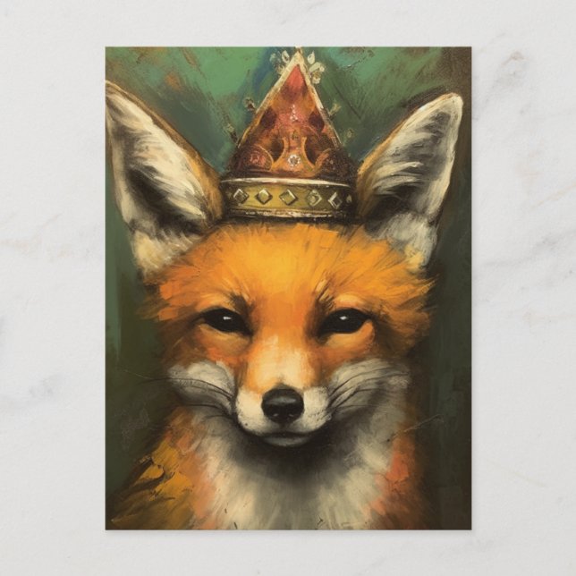 Beautiful Red Fox in a Crown Green Background Postcard (Front)
