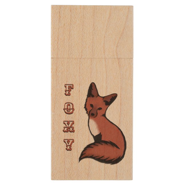 Beautiful Red Foxy Fox Wood USB Flash Drive (Back (Vertical))