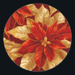 Beautiful Red Gold Vintage Poinsettias Christmas Classic Round Sticker<br><div class="desc">A most loved flower of the Christmas holiday is the poinsettia. Especially the red ones. This vintage pattern includes an imaginary version, including (faux) gold floral elements and leaves on burgundy in the background. We have demonstrated this image on the round sticker; however, it is equally nice on the square...</div>