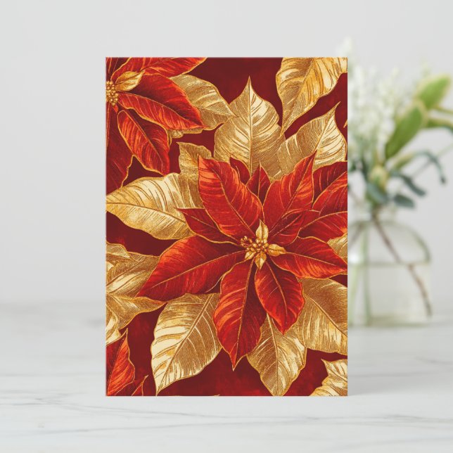 Beautiful Red Gold Vintage Poinsettias Christmas Holiday Card (Standing Front)