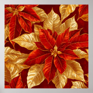 Beautiful Red Gold Vintage Poinsettias Christmas Poster