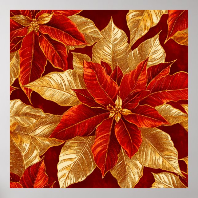 Beautiful Red Gold Vintage Poinsettias Christmas Poster (Front)