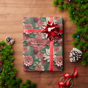 Beautiful Red Green and White 3D Poinsettias Wrapping Paper