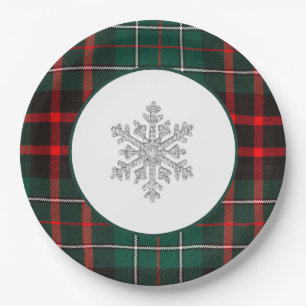Beautiful Red & Green Christmas Plaid Snowflake Paper Plates