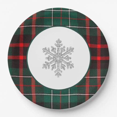 Beautiful Red  Green Christmas Plaid Snowflake Paper Plates