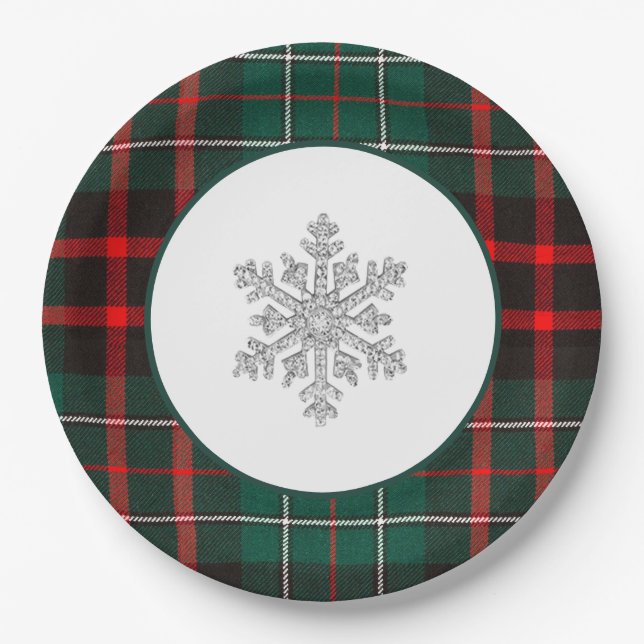 Beautiful Red & Green Christmas Plaid Snowflake Paper Plates (Front)