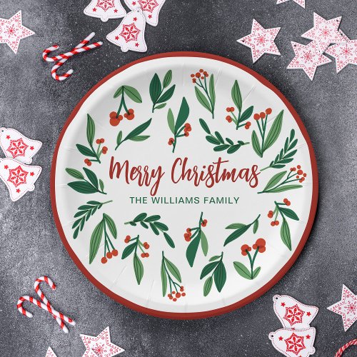 Beautiful Red Green Holly Berry Custom Christmas Paper Plates