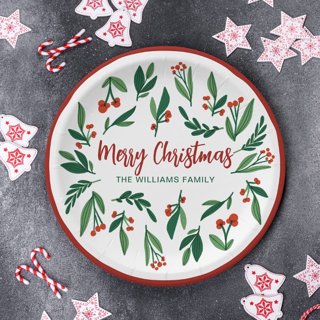 Beautiful Red Green Holly Berry Custom Christmas Paper Plates (Creator Uploaded)