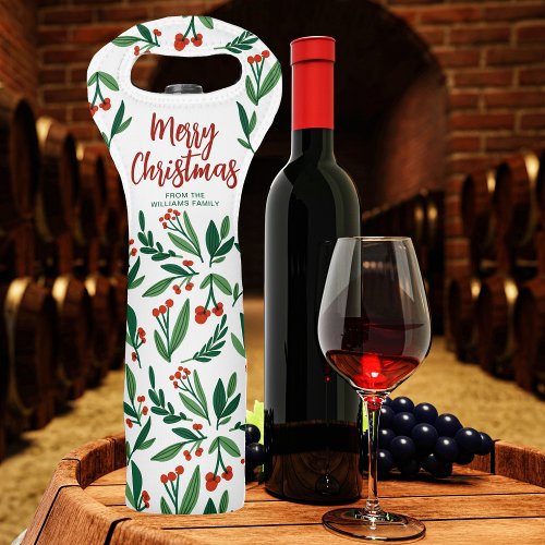 Beautiful Red Green Holly Berry Custom Christmas Wine Bag