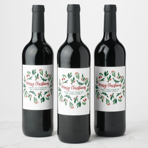 Beautiful Red Green Holly Berry Custom Christmas Wine Label