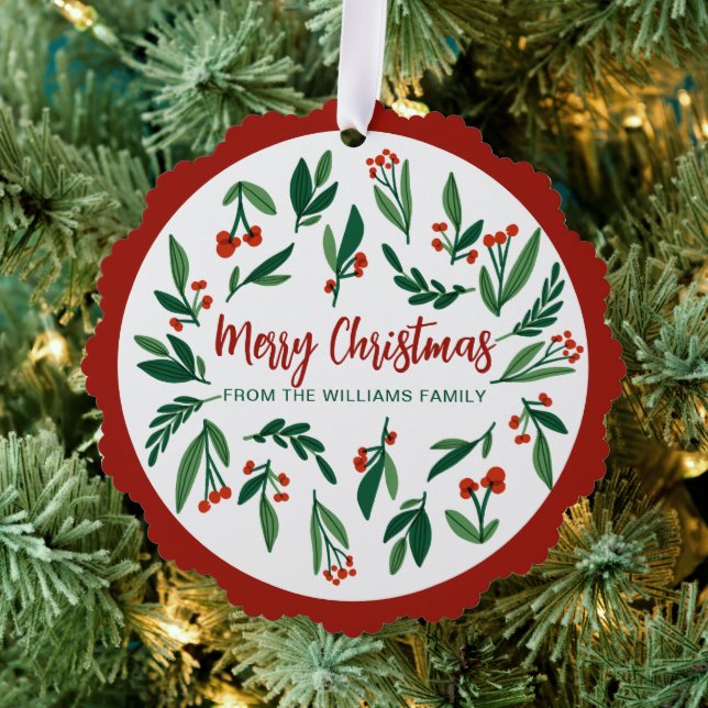 Beautiful Red Green Holly Berry Merry Christmas Ornament Card (Insitu (Tree))