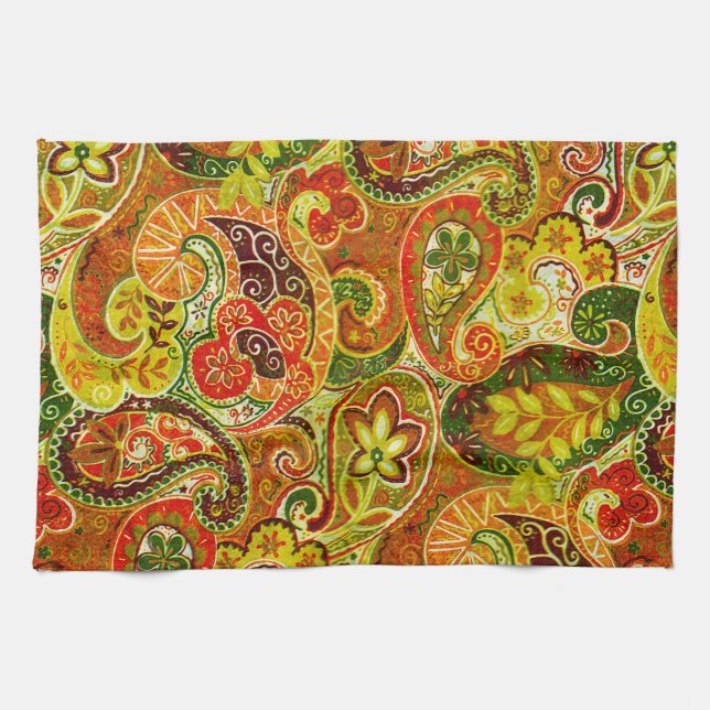 Beautiful Red Green Paisley Floral Pattern Towel (Horizontal)