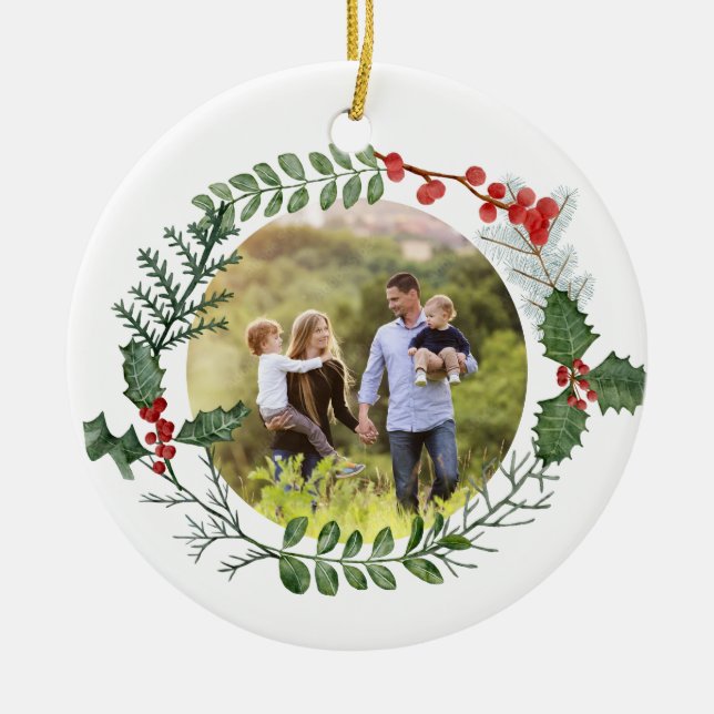 Beautiful Red & Green Watercolor Christmas Photo Ceramic Ornament (Front)
