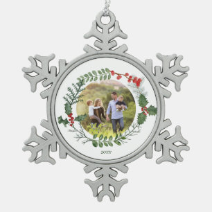 Beautiful Red & Green Watercolor Christmas Photo Snowflake Pewter Christmas Ornament