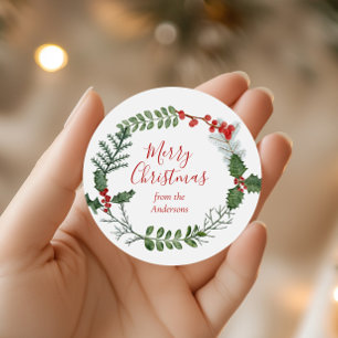 Beautiful Red & Green Watercolor Christmas Wreath Classic Round Sticker
