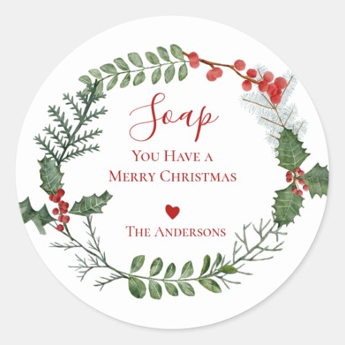 Beautiful Red  Green Watercolor Christmas Wreath Classic Round Sticker