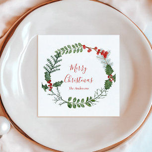 Beautiful Red & Green Watercolor Christmas Wreath Napkins