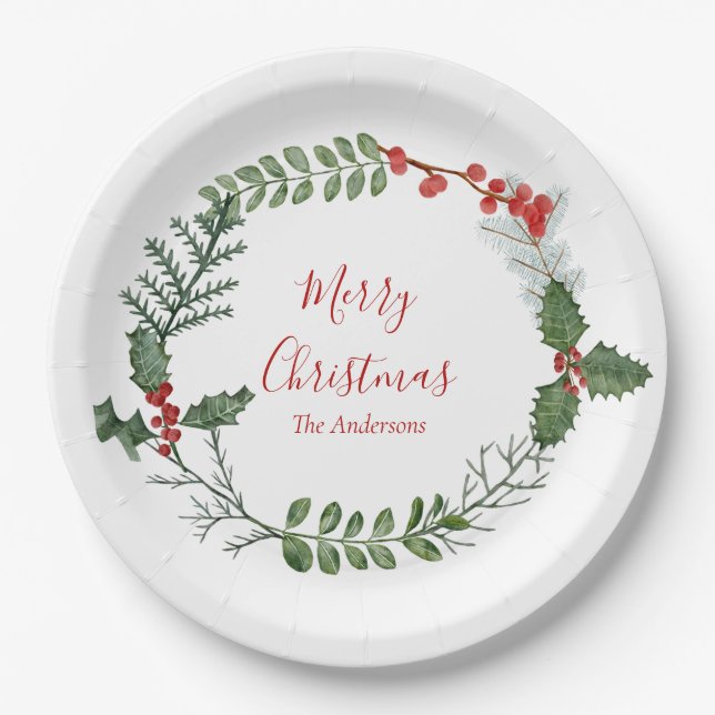 Beautiful Red & Green Watercolor Christmas Wreath Paper Plates (Front)