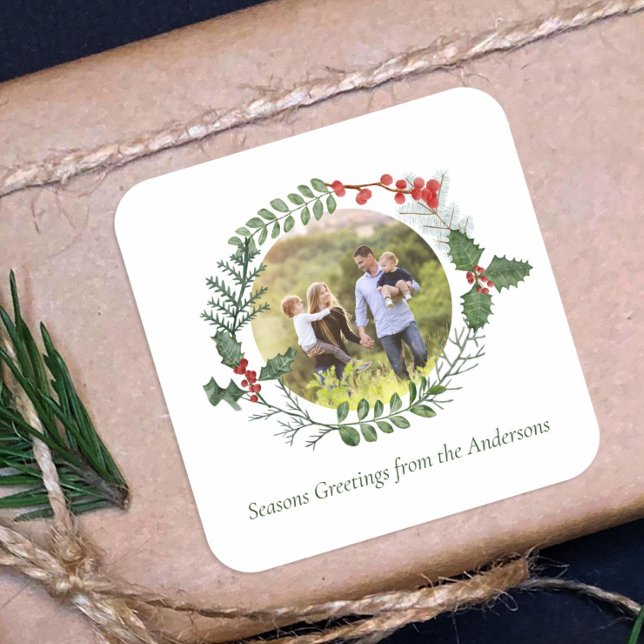 Beautiful Red & Green Watercolor Christmas Wreath Square Sticker (Creator Uploaded)