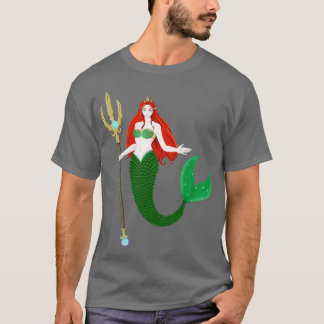 beautiful red hair mermaid with green fin holds a  T-Shirt