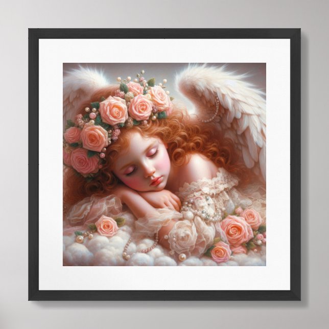 Beautiful red hair sleeping angel with roses framed art (Framed Front)