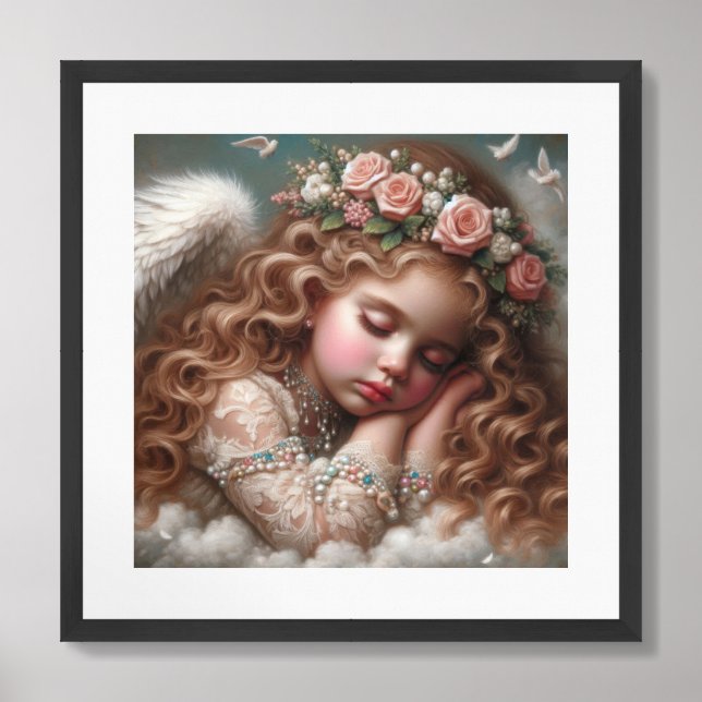 Beautiful red hair sleeping angel with roses framed art (Framed Front)