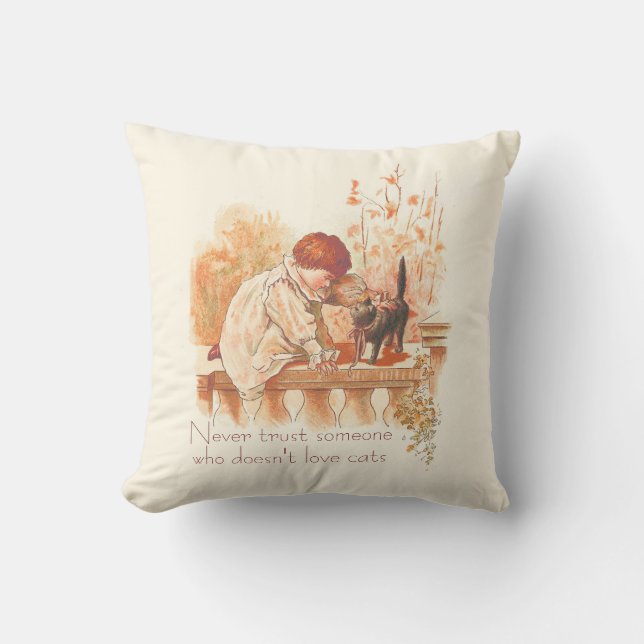 Beautiful Red Haired Child with Kitten Cat Quote  Throw Pillow (Front)