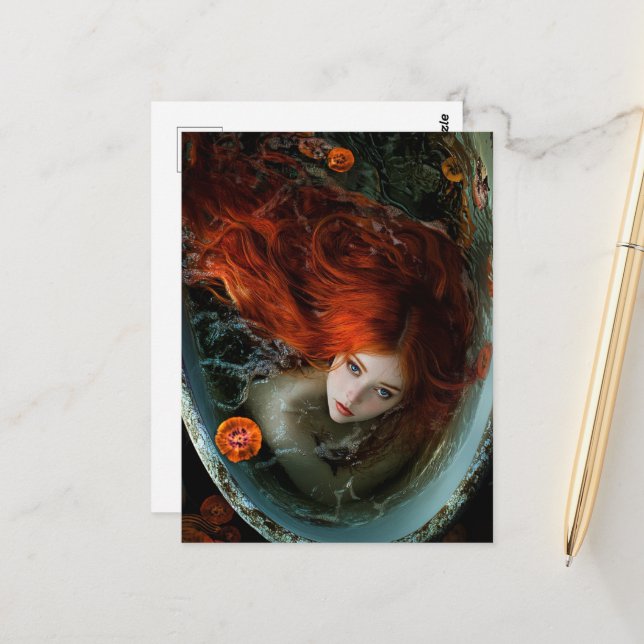 Beautiful Red Haired Mermaid in a Bathtub Postcard (Front/Back In Situ)